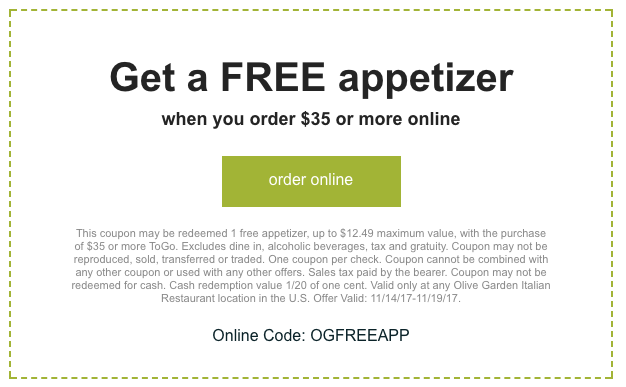 Olive Garden FREE Appetizer with Online Coupon Code