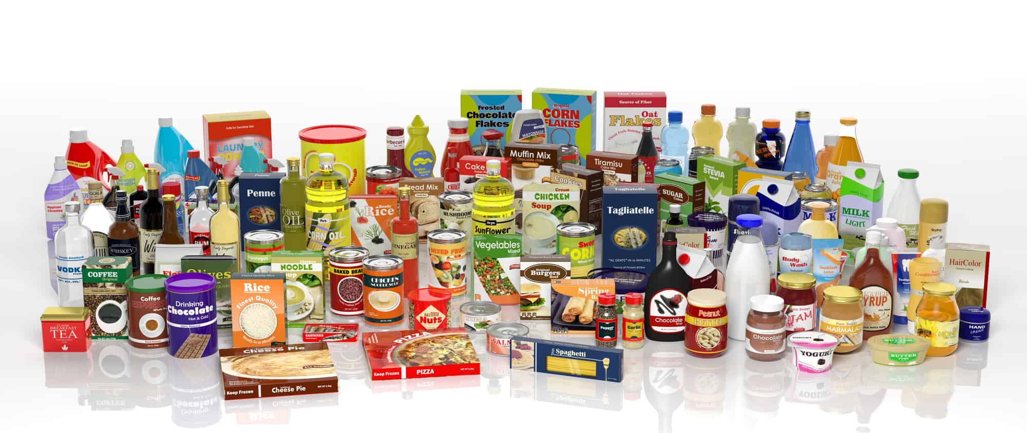 Various 3D grocery products isolated on white