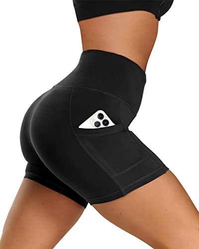GAYHAY Biker Shorts with Pockets for Women – High Waisted Tummy Control Soft Workout Shorts for Yoga Athletic Running Cycling (Small-Medium, Black)