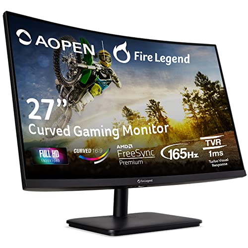 AOPEN 27HC5R Vbiipx 27" Full HD (1920 x 1080) VA 1500R Curved Gaming-Monitor | AMD FreeSync Premium | 165Hz Refresh Rate | 1ms-TVR | HDR 10 Support | Ports: 1 x Display Port 1.4 & 2 x HDMI 2.0