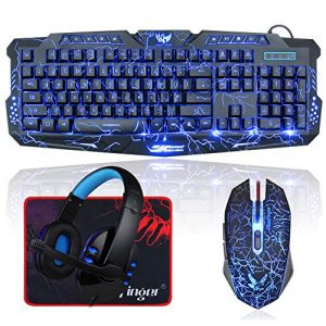 BlueFinger Backlit Gaming Keyboard and Mouse and LED Headset Combo,USB Wired 3 Color Crack Backlit Keyboard,Blue LED Light Gaming Headset,Gaming Keyboard Mouse Headphone Set for Work and Game