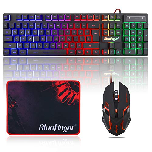 BlueFinger RGB Gaming Keyboard and Backlit Mouse Combo, USB Wired Backlit Keyboard, LED Gaming Keyboard Mouse Set for Laptop PC Computer Game and Work