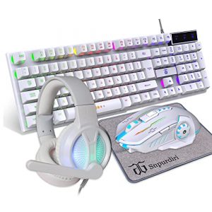 DGG Gaming Keyboard and Mouse and Gaming Headset & Mouse Pad,RGB Backlight Bundle for PC Gamers Gift Users_4 in 1 White Edition