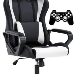 Gaming Chair High-Back Office Chair Ergonomic Video Game Chairs Height Adjustable Reclining Computer Chair with Lumbar Support Armrest Headrest Swivel Chair Game Chair for Adult Teen - White