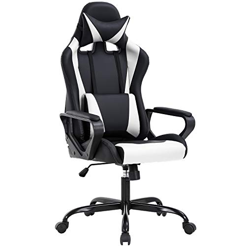 High-Back Gaming Chair PC Office Chair Computer Racing Chair PU Desk Task Chair Ergonomic Executive Swivel Rolling Chair with Lumbar Support for Back Pain Women, Men (White)