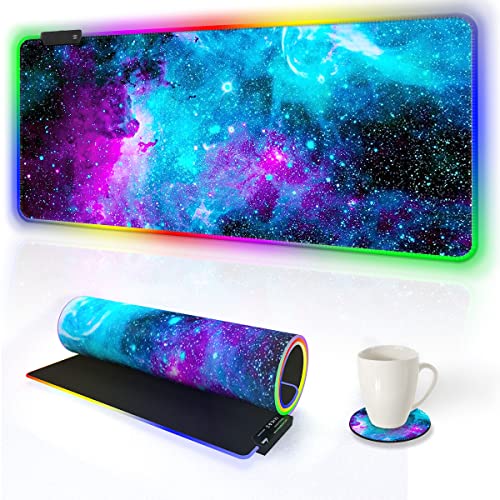 RGB Gaming Mouse Pad Extended, AIMSA Large Led Mousepads Non-Slip Rubber Base with 14 Lighting Modes, Computer Keyboard Mat Soft Desk pad Waterproof 35.4 x 15.8 inches, Galaxy Nebula Universe