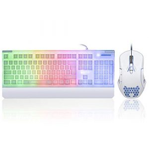 White Gaming Keyboard and Mouse Combo Colorful Lights Rainbow LED Backlit Keyboard with Ergonomic Detachable Wrist Rest, Programmable 3000 DPI 7 Button Gaming Mouse for Windows PC Mac Office/Gaming