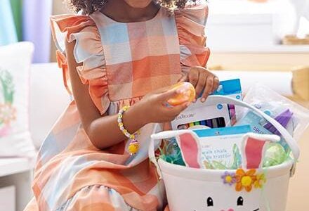 child sitting in dress next to filled Kids Easter basket