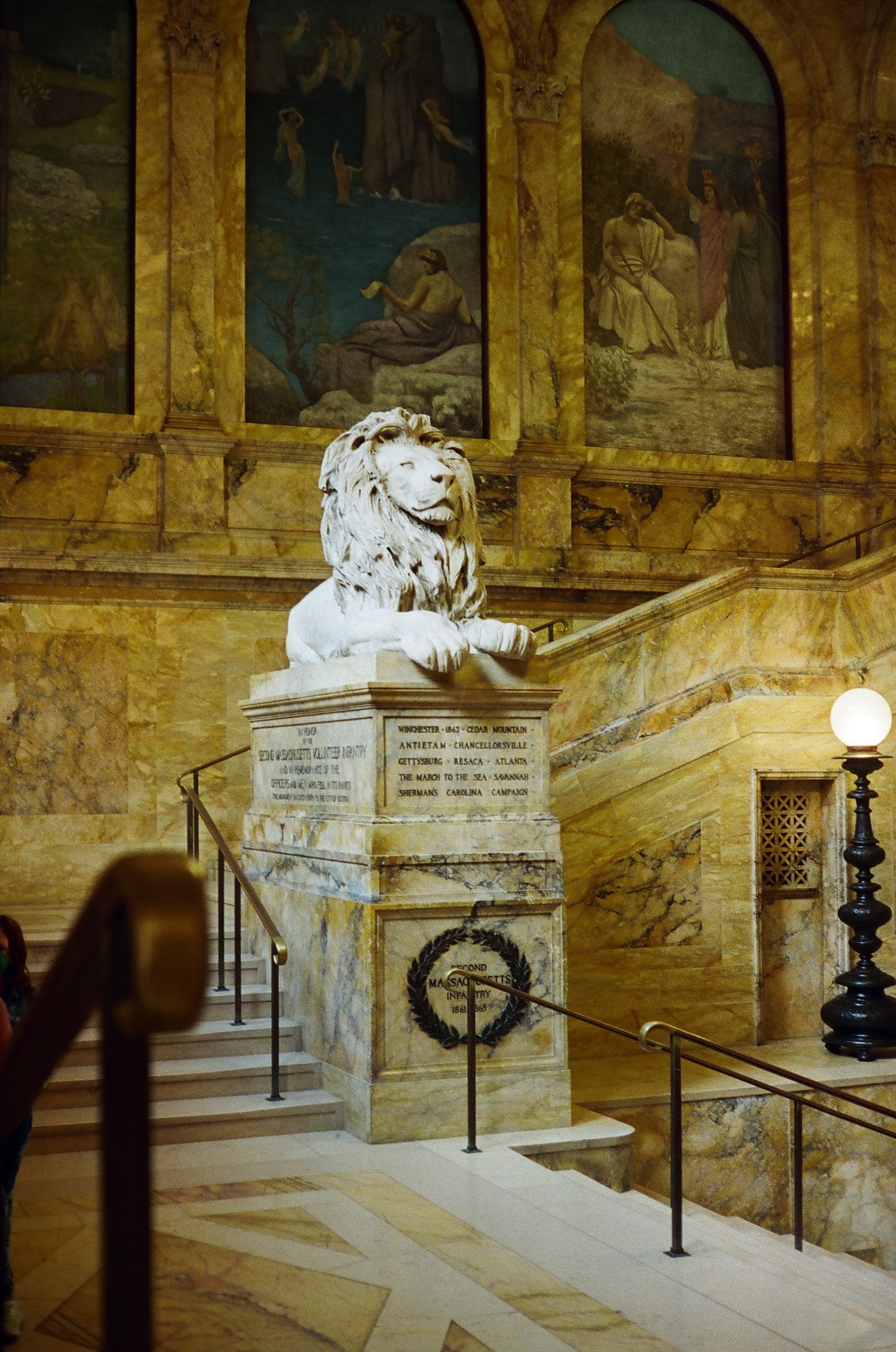 The Lion Statue at the Grand Staircase of Boston Public Library in Boston