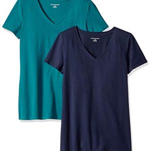 Amazon Essentials Women's Classic-Fit Short-Sleeve V-Neck T-Shirt, Pack of 2, Dark Green/Navy, Large