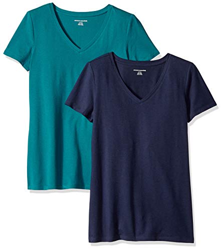 Amazon Essentials Women's Classic-Fit Short-Sleeve V-Neck T-Shirt, Pack of 2, Dark Green/Navy, Large