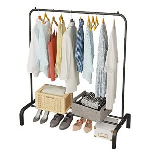 JIUYOTREE Metal Clothing Rack, 43.3 Inches Clothes Garment Coat Rack with Bottom Shelf, Clothing Rack for Hanging Clothes, Coats, Skirts, Shirts, Sweaters, Black