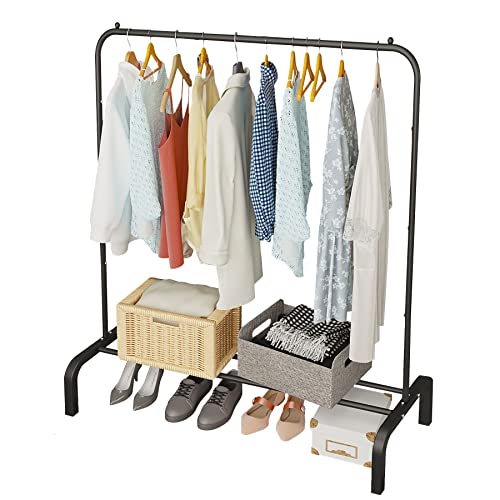JIUYOTREE Metal Clothing Rack, 43.3 Inches Clothes Garment Coat Rack with Bottom Shelf, Clothing Rack for Hanging Clothes, Coats, Skirts, Shirts, Sweaters, Black