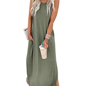 ANRABESS Women Dresses Sleeveless Sundress T-Shirt Split Long Maxi Beach Cover Up Dress 2023 Summer Outfits Travel Vacation Hawaiian Boho Clothes A19ganlanlv-M Olive