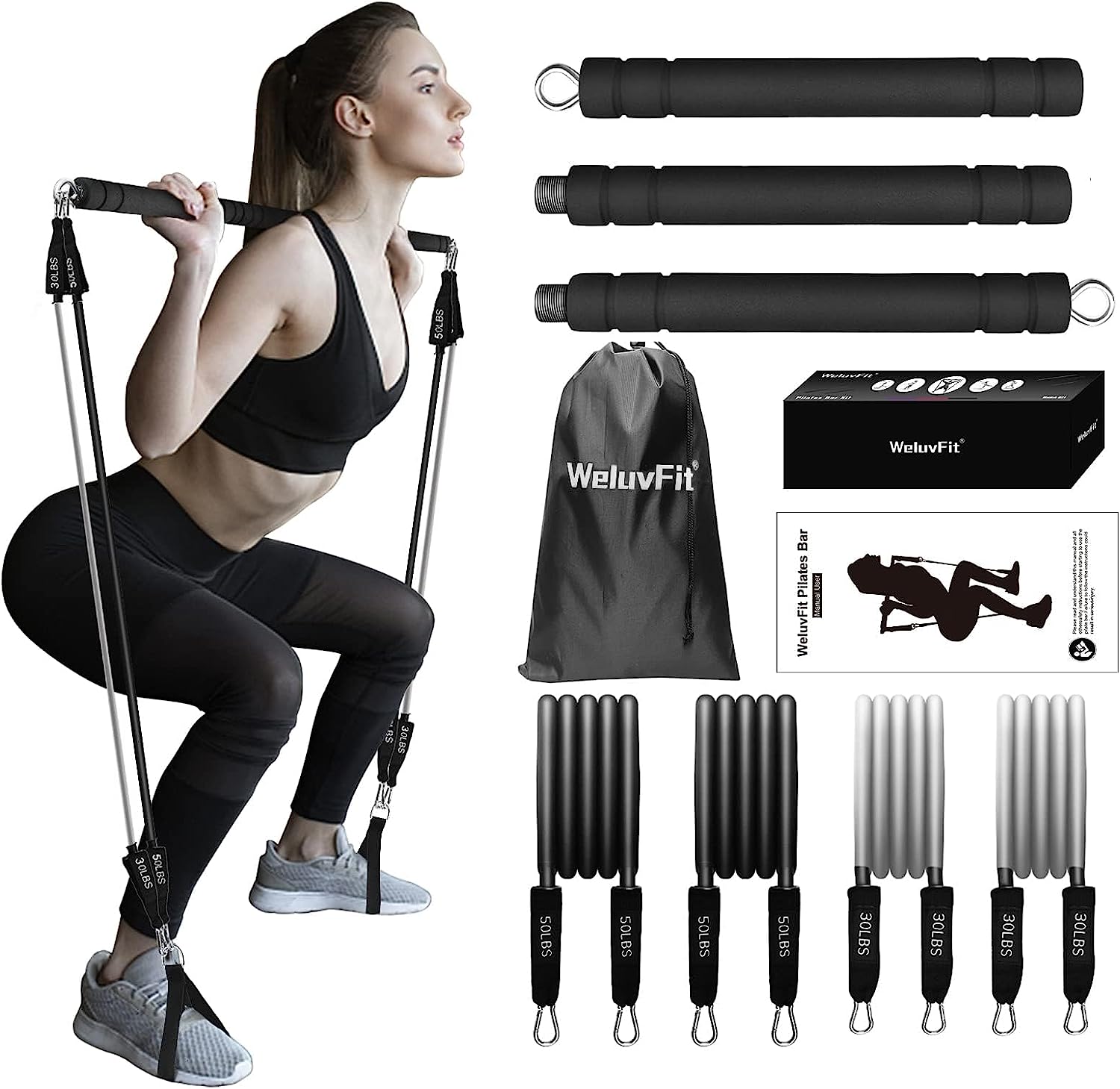 Pilates Bar Kit with Resistance Bands - WeluvFit Exercise Fitness Equipment for Women and Men
