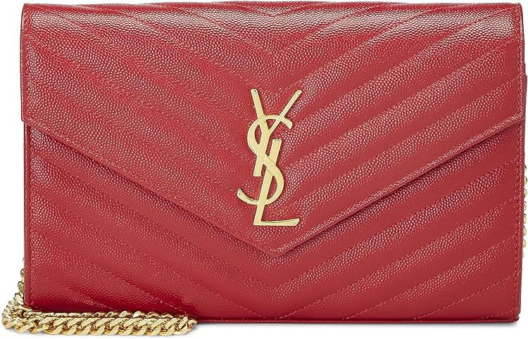 Yves Saint Laurent, Pre-Loved Red Grained Calfskin Envelope Wallet-On-Chain (WOC), Red
