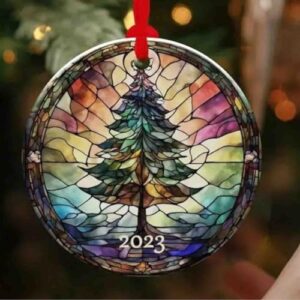 2023 Stained Glass Christmas Ornament, Christmas Tree Ornament Suncatcher, Stained Glass Ornament Christmas Acrylic Round Pendant Stained Glass Christmas Tree Ornament for Christmas Tree Decor (A)