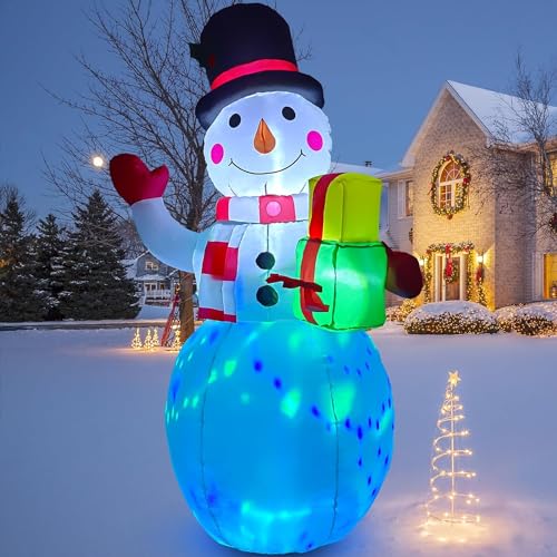 5 FT Christmas Inflatables Snowman Outdoor Decorations,Upgrade Cute Blow Up Snowman & with Build-in Rotating Colorful LED Lights Blow Up for Holiday Xmas Party Indoor Lawn Christmas Eve Decor