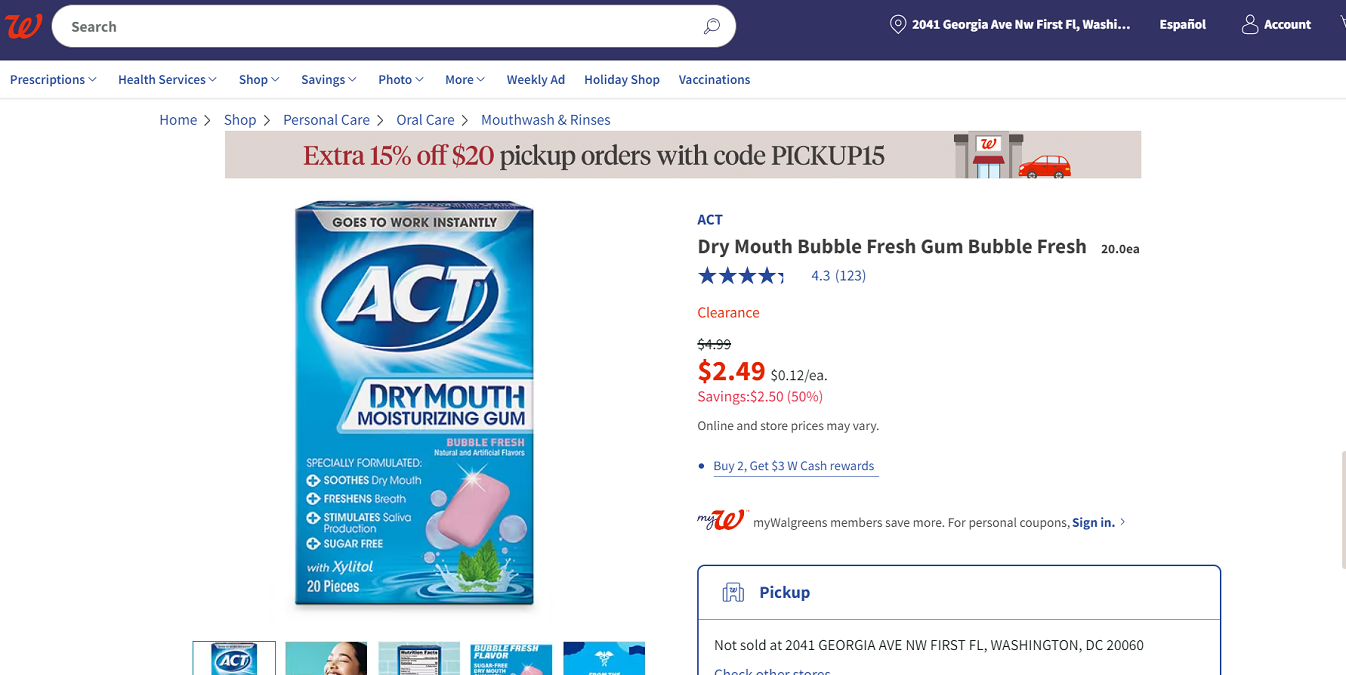 Buy 2 Act Dry Mouth Gum and Get $3 Extrabucks at Walgreens.com