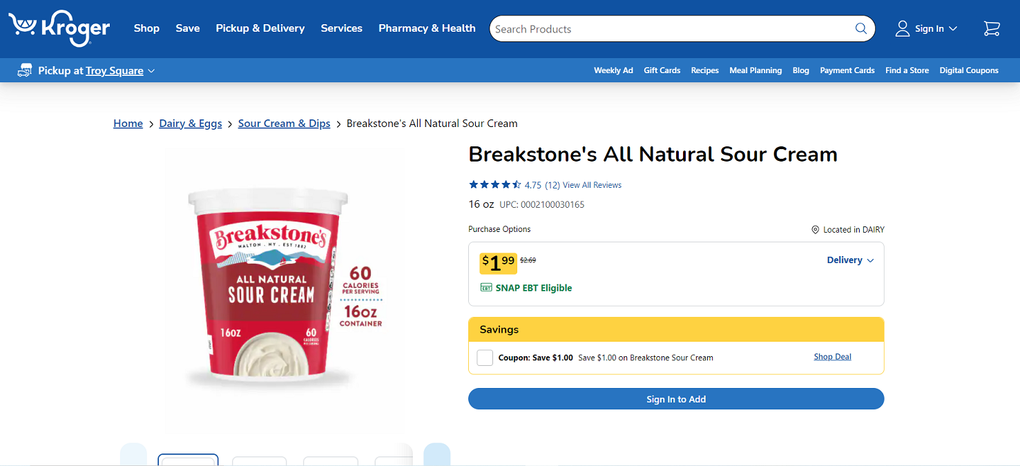 Grab Breakstone Sour Cream at $0.99 with Kroger Coupon