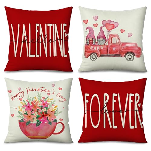 Balaena Valentines Pillow Covers 18x18 Inch Set of 4, Pink Truck with Gnomes Happy Valentine's Day Decorations Spring Farmhouse Decorative Throw Pillow Covers for Sofa Couch…