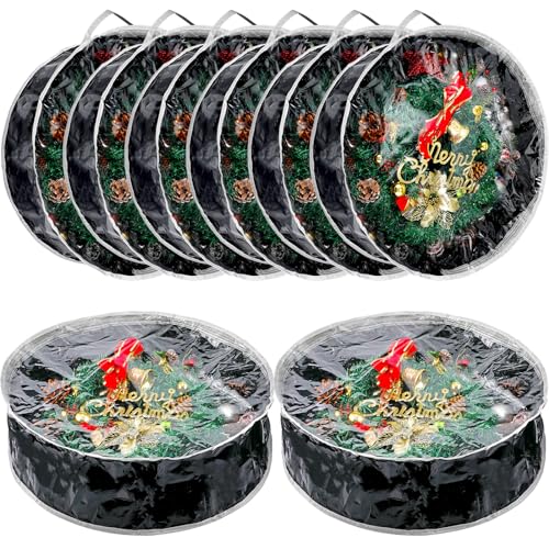 Dunzy 8 Pieces Christmas Wreath Storage Bag Garland Wreath Container Tear Resistant Fabric Round Wreath Boxes with Clear Window for Storage for Xmas Holiday Ornament (Black,30'')
