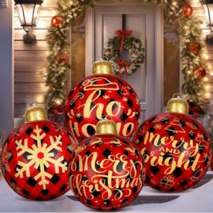 Jetec 4 Pcs Giant Inflatable Christmas Ball 24 Inch PVC Inflatable Decorated Ornaments Ball Large Christmas Inflatables Outdoor Decorations for Xmas Holiday Yard Porch Lawn Outside Decor (Plaid)