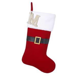 JKSVE 20" Nylon Flocking Fabric Santa Clau Belt Buckle Christmas Stocking with Personalized Wooden Initial Monogram Christmas Stocking, Holiday Xmas Party Decorations（Red/Hunter Green） (Red-M)