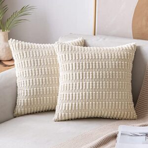 MIULEE Pack of 2 Corduroy Decorative Throw Pillow Covers 18x18 Inch Soft Boho Striped Pillow Covers Modern Farmhouse Home Decor for Spring Christmas Sofa Living Room Couch Bed Cream White