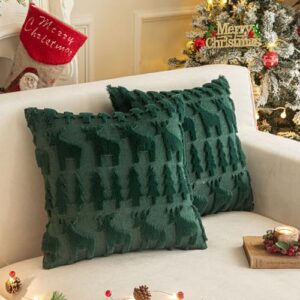 SHITURRE Green Christmas Tree and Reindeer Decorative Throw Pillow Covers 18"x18", 2 Packs Soft Plush Square Pillow Cover with Embroidery for Home Decor, Holiday Cushion Cases for Bed Living Room