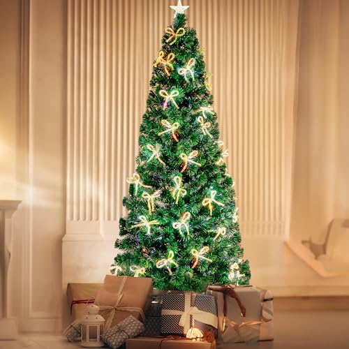 susici 6.5ft Pre Lit Optical Fiber Christmas Tree, Christmas Tree with Bow Shape Led Lights&260 Branch Tips&Top Star,Indoor Fake Multi-Color Xmas Tree Decoration for Home, Office, Party