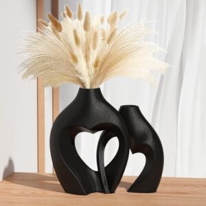 Zormon Black Vases for Decor, Heart Shaped Ceramic Vase Set of 2, Nordic Heart Shaped Vases, Minimalist Decorative Vase for Table Centerpiece Wedding Dining Living Room Office House Decoration