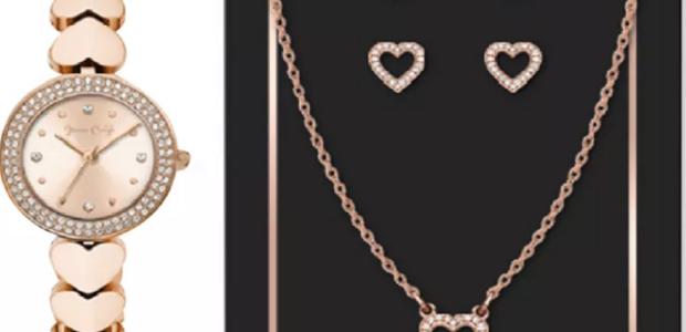 Women's Heart-Link Bracelet Watch 28mm Jewelry Gift Set, happy v day