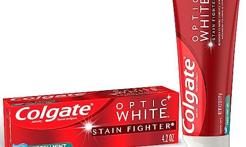 Colgate Optic White Stain Fighter Whitening Toothpaste Gel, Fresh Mint Flavor Gel Toothpaste, Safely Removes Surface Stains, Enamel-Safe for Daily Use, Whitening Toothpaste with Fluoride, 4.2 Oz Tube, Colgate toothpaste coupons
