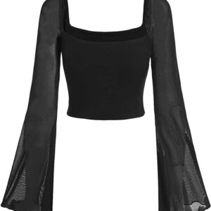 Verdusa Women's Long Sleeve Square Neck Contrast Mesh Sheer Flounce Sleeve Crop Top