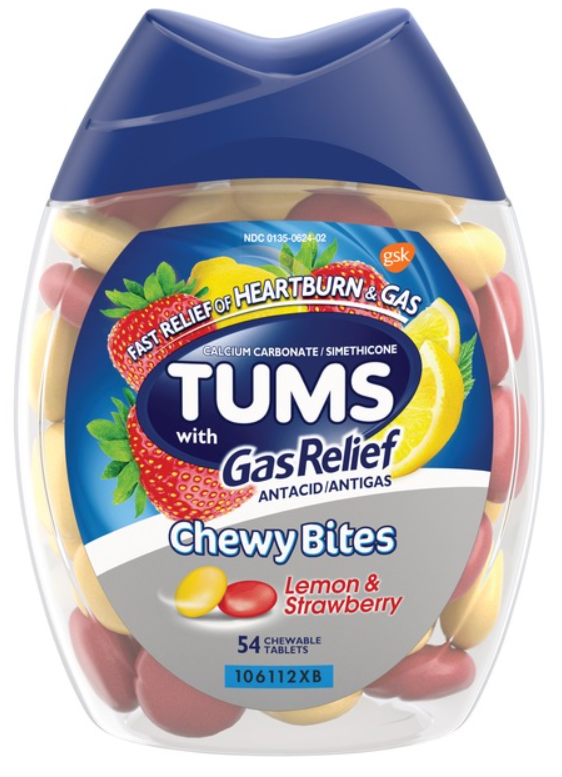 TUMS Chewy Bites Chewable Antacid Tablets with Gas Relief, Lemon & Strawberry