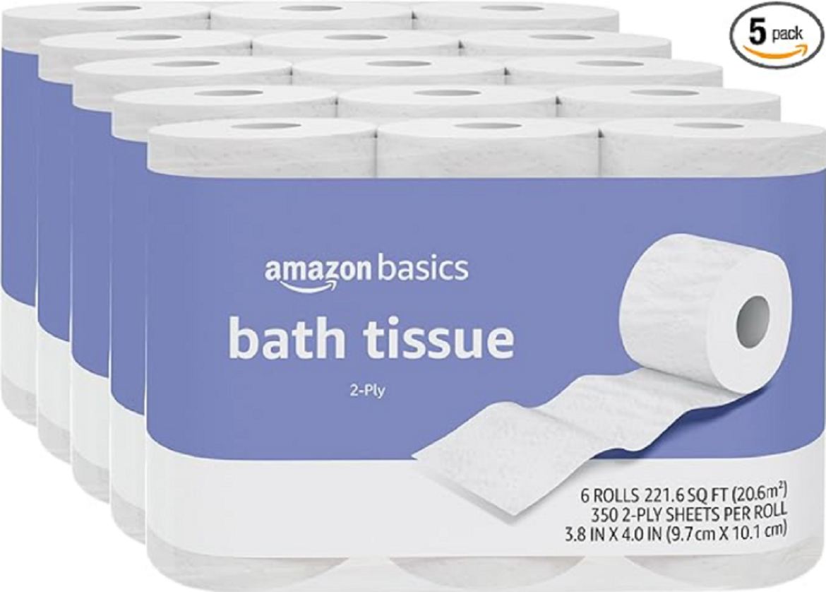 Amazon Basics 2-Ply Toilet Paper, 30 Rolls (5 Packs of 6), Equivalent to 129 regular rolls, Spring cleaning