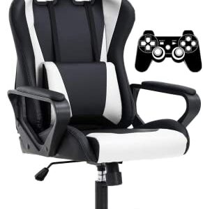 Gaming Chair High-Back Office Chair Ergonomic Video Game Chairs Height Adjustable Reclining Computer Chair with Lumbar Support Armrest Headrest Swivel Chair Game Chair for Adult Teen - White